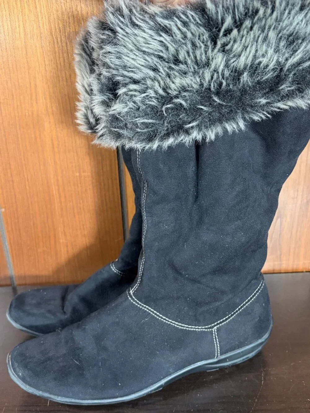 Natural Soul Fabiano Boots Womens Sz 8 Black Suede w/ Faux Fur Liner Mid Calf